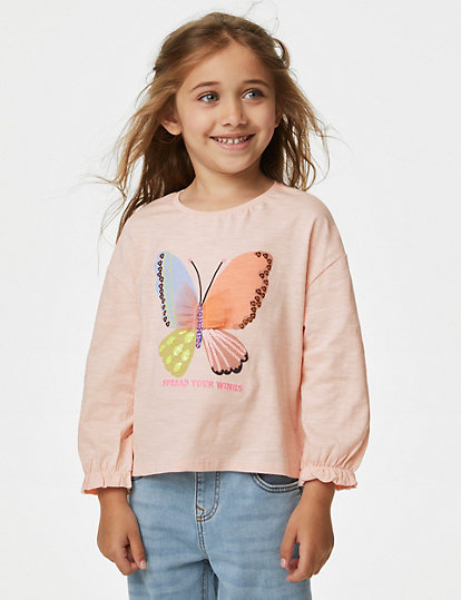 M&S Collection Pure Cotton Embroidered Butterfly Top (2-8 Yrs) - 5-6 Y - Light Pink, Light Pink