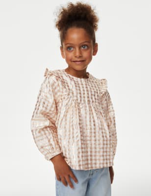 

Girls M&S Collection Cotton Blend Metallic Checked Blouse (2-8 Yrs) - Gold Mix, Gold Mix