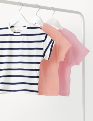 M&S 3pk Pure Cotton Plain & Striped T-Shirts (2-8 Yrs) - 5-6 Y - Pink Mix, Pink Mix,Green Mix