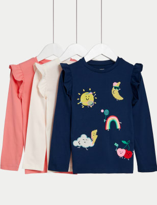 

M&S Collection Pack de 3 tops 100% algodón lisos y con estampado del tiempo (2-8 años) - Navy Mix, Navy Mix