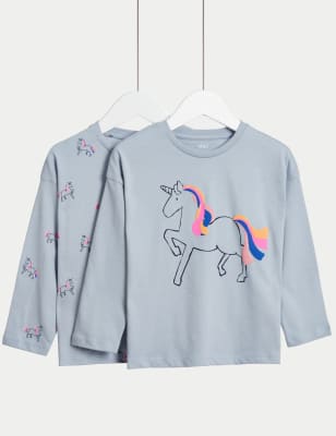 

Girls M&S Collection 2pk Pure Cotton Unicorn Tops (2-8 Yrs) - Blue Mix, Blue Mix