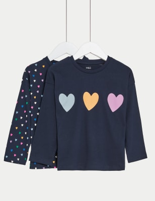 

M&S Collection 2er-Pack Oberteile aus reiner Baumwolle mit Herzmotiv (2-8 J.) - Navy Mix, Navy Mix