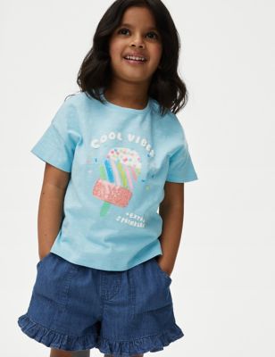 M&S Girls Pure Cotton Reversible Sequin T-Shirt (2-8 Yrs) - 2-3 Y - Blue, Blue,Yellow,Blush,Ivory