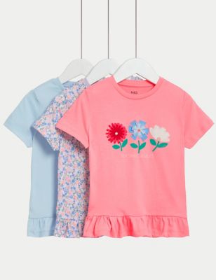 M&S Girls 3pk Pure Cotton Floral T-Shirts (2-8 Yrs) - 2-3 Y - Multi, Multi