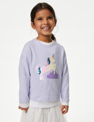 

M&S Collection Oberteil aus reiner Baumwolle mit Einhornmotiv aus Wendepailletten (2-8 J.) - Lilac, Lilac