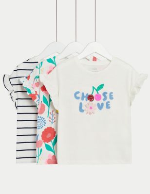 M&S Girl's 3pk Pure Cotton Printed T-Shirt (2-8 Yrs) - 3-4 Y - Ivory Mix, Ivory Mix