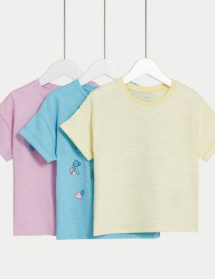 M&S Girl's 3pk Pure Cotton Print T-Shirts (2-8 Yrs) - 2-3 Y - Pink Mix, Pink Mix