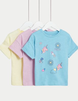M&S Girls 3pk Pure Cotton Print T-Shirts (2-8 Yrs) - 2-3 Y - Pink Mix, Pink Mix