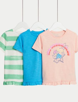 M&S Girls 3pk Pure Cotton Bunny T-Shirts (2-8 Yrs) - 4-5 Y - Blue Mix, Blue Mix