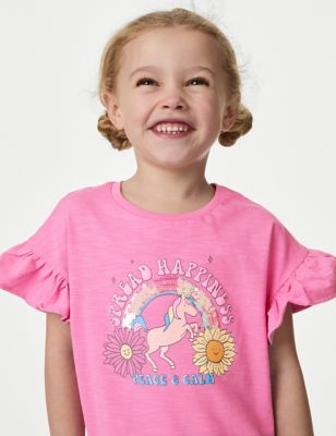 M&S Girl's Pure Cotton Sequin T-shirt (2-8 Yrs) - 2-3 Y - Pink, Pink,Blue