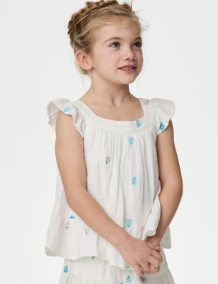M&S Girls Pure Cotton Embroidered Top (2-8 Yrs) - 3-4 Y - White, White