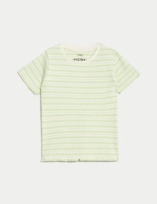 M&S Girls Cotton Rich Ribbed Striped T-Shirt (2-8 Yrs) - 2-3 Y - Green, Green,Blue,Pink