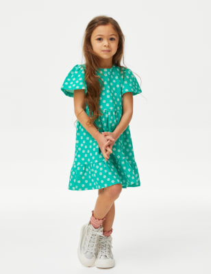 M&S Girl's Cotton Rich Printed Dress (2-8 Yrs) - 2-3 Y - Green Mix, Green Mix,Navy Mix