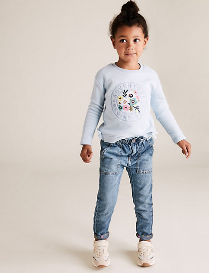 Pure Cotton Floral Turn Up Jeans (2-7 Yrs)