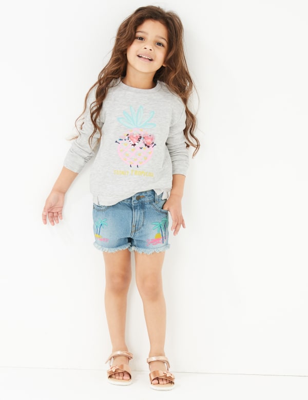 Denim Palm Tree Embroidery Shorts (2-7 Yrs)