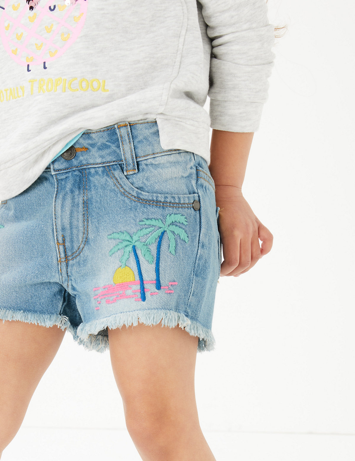 Denim Palm Tree Embroidery Shorts (2-7 Yrs)