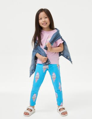 M&S Girl's Cotton Rich Leggings (2-8 Yrs) - 7-8 Y - Blue Mix, Blue Mix,Turquoise,Coral,Green,Pink,Li