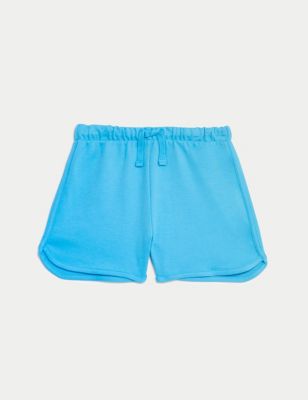 M&S Girls Pure Cotton Runner Shorts (2-8 Yrs) - 3-4 Y - Turquoise, Turquoise,Bright Coral,Bright Pin