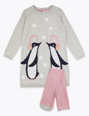 Robe en maille &agrave; imprim&eacute; pingouin avec collants (du 3&nbsp;mois au 7&nbsp;ans)