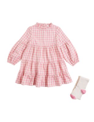 M&S Girls 2pc Checked Dress and Tights (2-7 Yrs)