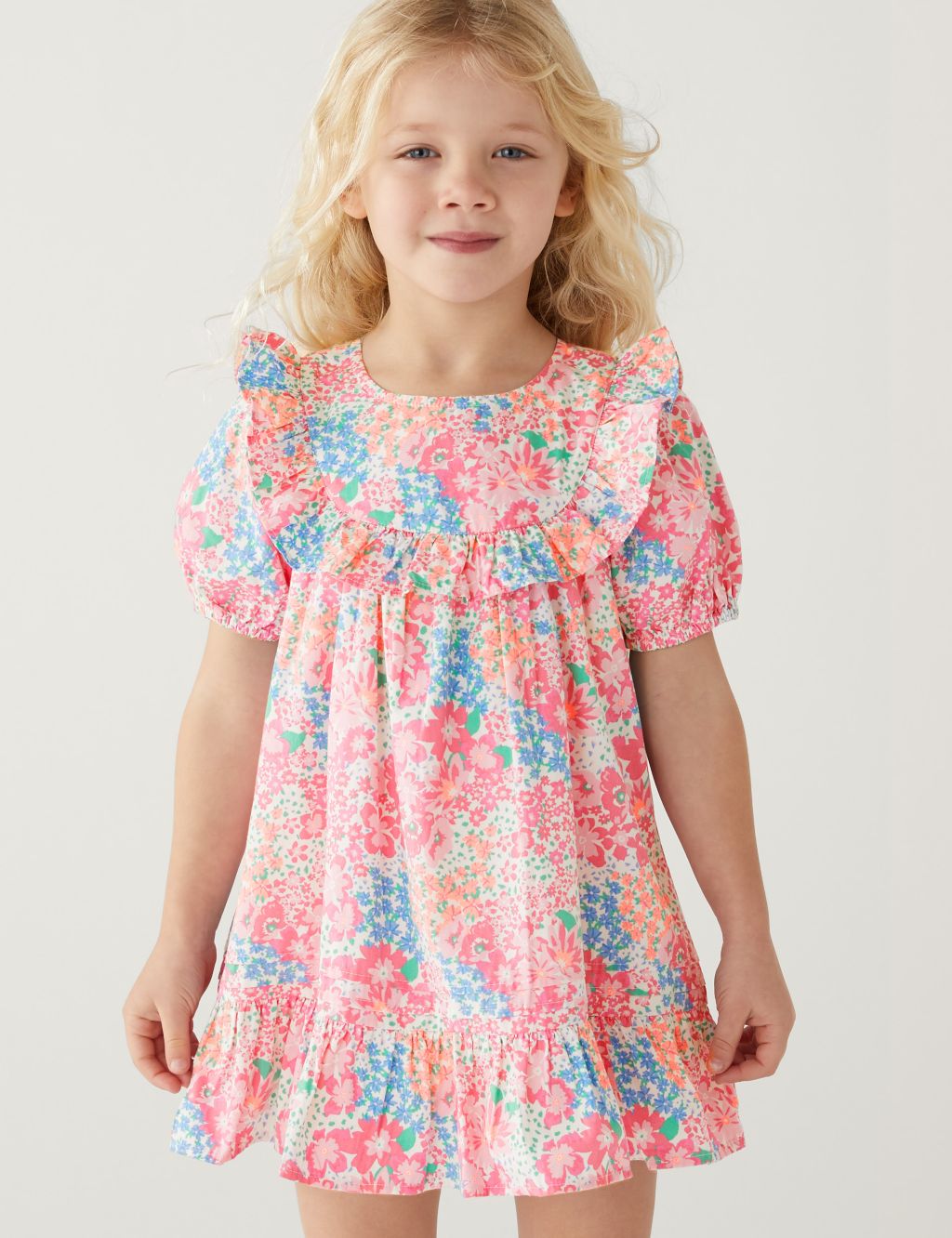 Pure Cotton Floral Frill Dress (2-8 Yrs) image 1