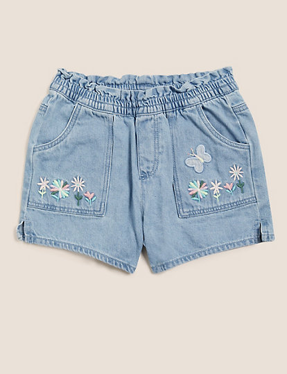 Denim Floral Embroidered Shorts