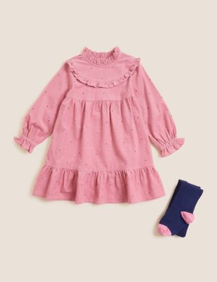 M&S Girls 2pc Cord Spotted Dress & Tights (2-7 Yrs)