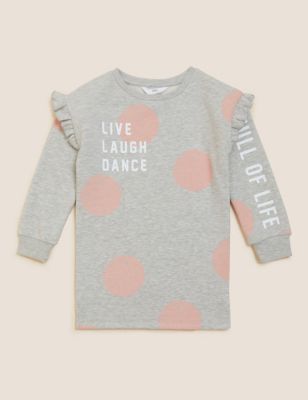 M&S Girls Cotton Rich Slogan Spotted Top (2-7 Yrs)