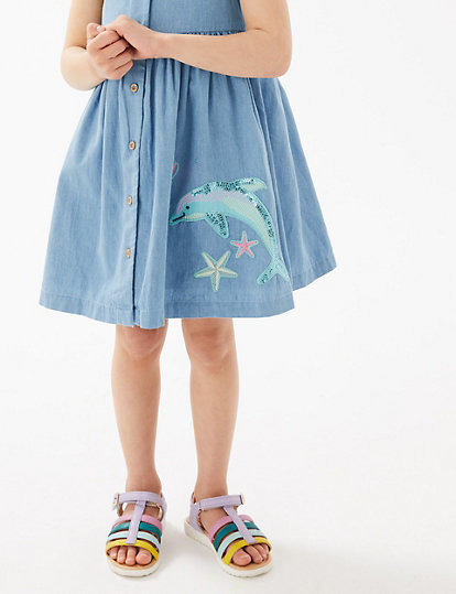 Denim Dolphin Embroidered Dress (2-7 Yrs)