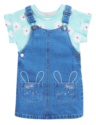 

M&S Collection Outfit mit Denim-Latzkleid, Blumenmuster und Häschenmotiv (2-7 J.), Denim