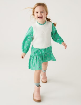 

M&S Collection Conjunto de 2 piezas de vestido floral con camiseta de punto (2-8 años) - Green, Green