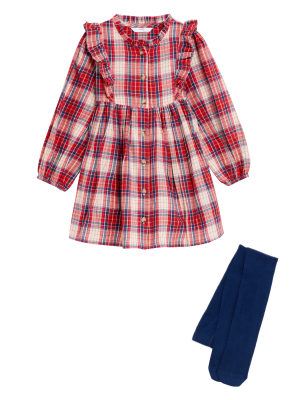 

Girls M&S Collection Cotton Rich Check Dress with Tights (2-7 Yrs) - Red, Red