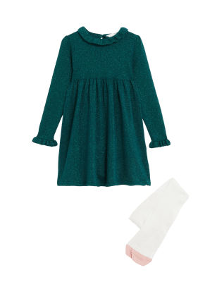 

M&S Collection Glitzerkleid mit Strumpfhose (2-7 J.) - Green, Green