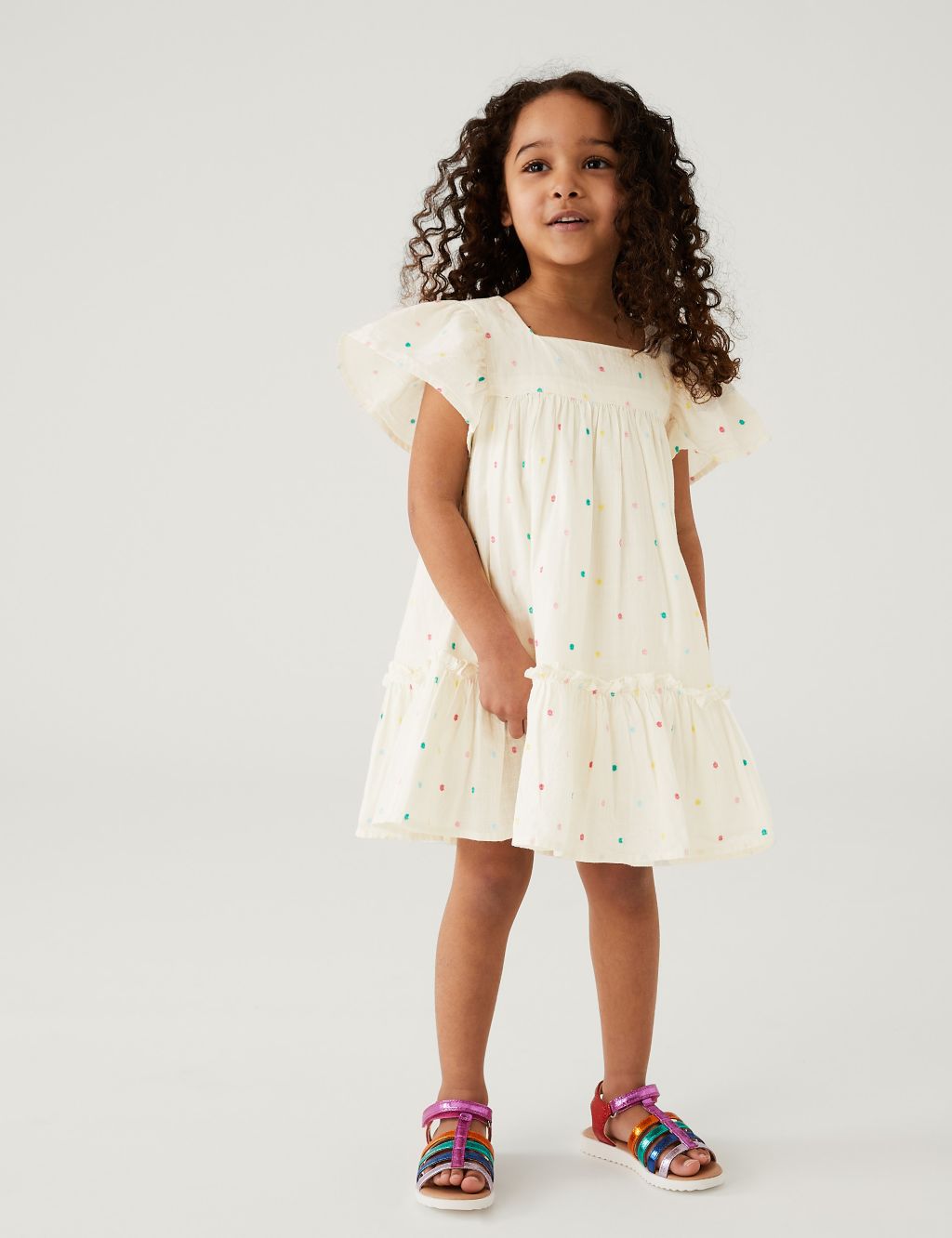 Pure Cotton Embroidered Spotted Dress (2-8 Yrs) image 1