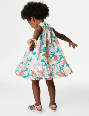 Pure Cotton Floral Dress with Scrunchie (2-8 Yrs)