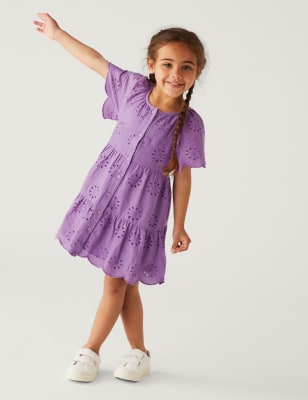 

M&S Collection Kleid aus reiner Baumwolle mit Lochstickerei (2-8 J.) - Purple, Purple