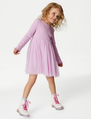 M&S Girl's Glitter Tiered Dress (2-7 Yrs) - 6-7 Y - Pink, Pink