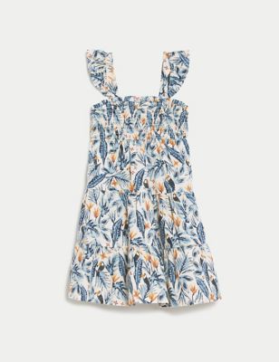 M&S Girls Pure Cotton Floral Dress (2-8 Yrs) - 3-4 Y - Ivory Mix, Ivory Mix,Navy Mix