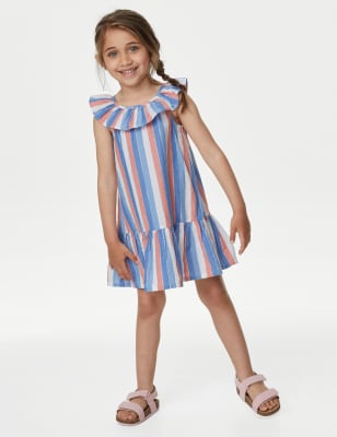 

M&S Collection Gestreiftes Rüschenkleid mit hohem Baumwollanteil (2-8 Jahre) - Multi, Multi
