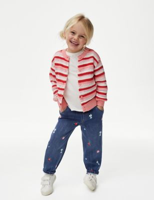 M&S Girl's Denim Tapered Leg Embroidered Jean (2-8 Years) - 3-4 Y, Denim