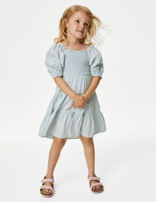 Pure Cotton Shirred Tiered Dress (2-8 Yrs)
