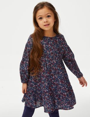 M&S Girls Pure Cotton Ditsy Floral Tiered Dress (2-8 Yrs) - 3-4 Y - Multi, Multi