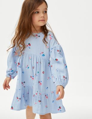 M&S Girls Pure Cotton Floral Tiered Dress (2-8 Yrs) - 3-4 Y - Blue Mix, Blue Mix