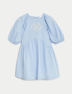 M&S Girl's Pure Cotton Volume Sleeve Dress (2-8 Yrs) - 2-3 Y - Blue, Blue,Pink Mix