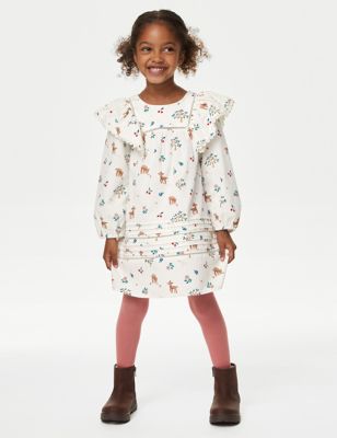 Cotton Rich Deer Print Dress with Tights (2-8 Yrs)