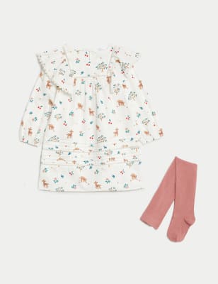 Cotton Rich Deer Print Dress with Tights (2-8 Yrs)