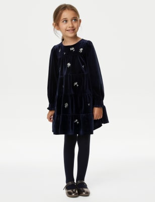 

Girls M&S Collection Velvet Floral Embroidered Tiered Dress (2-8 Yrs) - Navy, Navy