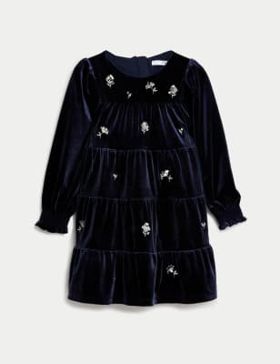 Velvet Floral Embroidered Tiered Dress (2-8 Yrs)