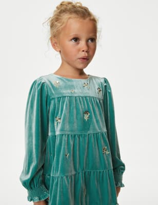 

M&S Collection Stufenkleid aus Samt mit Blumenstickerei (2-8 Jahre) - Green, Green