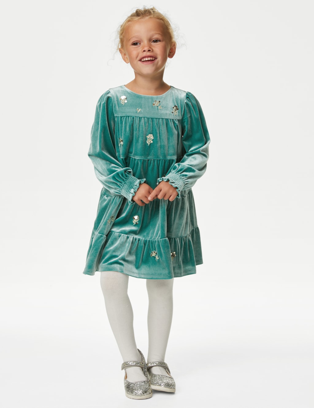 Velvet Floral Embroidered Tiered Dress (2-8 Yrs) image 3